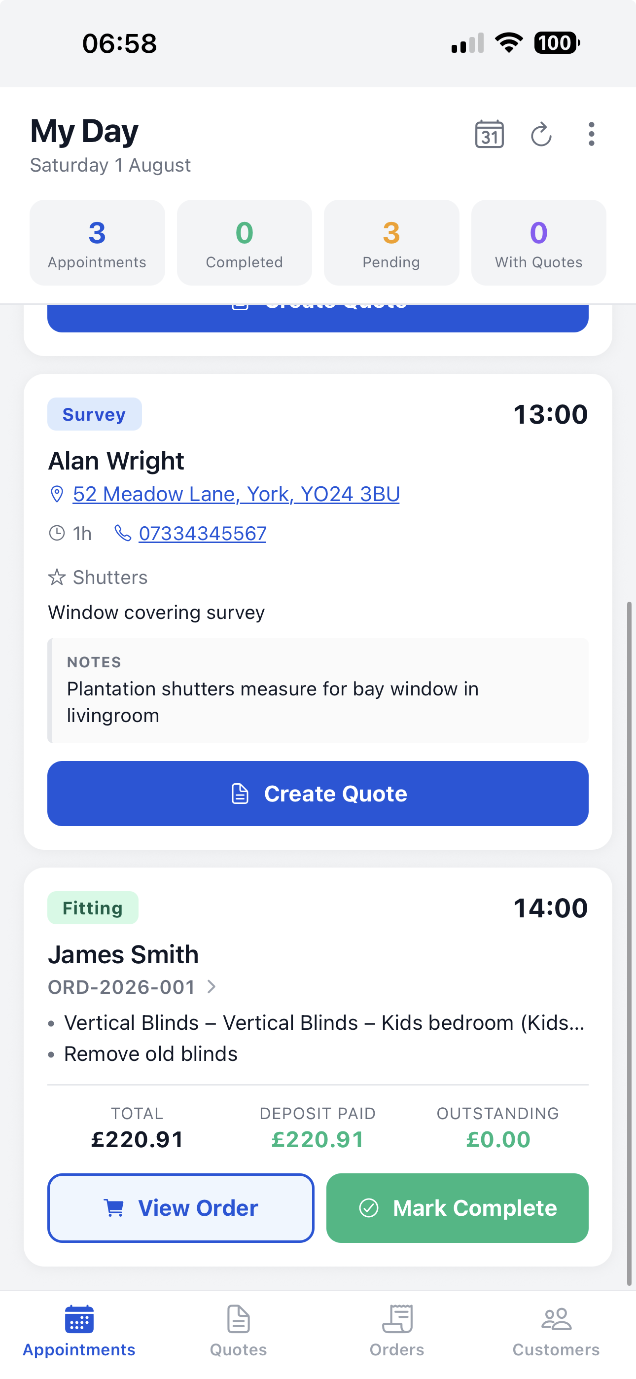 BlindDesk mobile app showing survey and fitting appointments in My Day